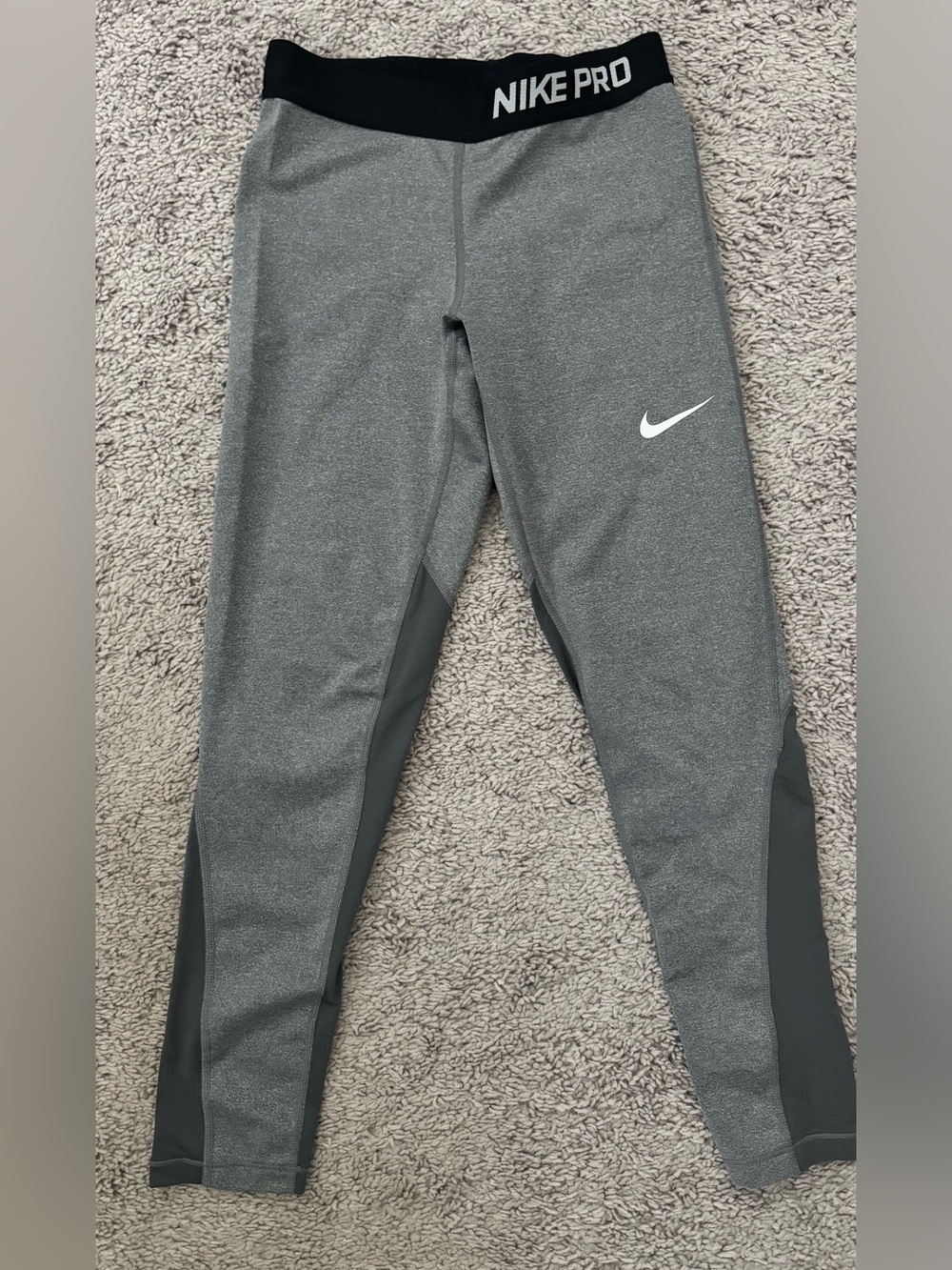 Nike Pro Girls Gray and Black Performance Leggings with White Swoosh